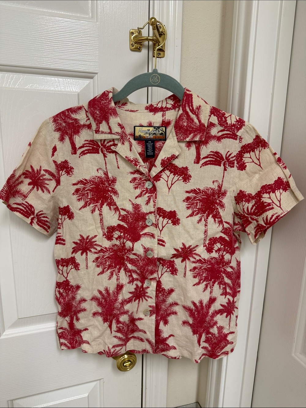 Women's Red Palm-Print Button-Up Blouse